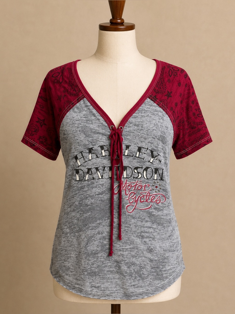 Harley-Davidson Gray & Burgundy Lace-Up Raglan Tee